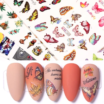 

12 Designs Big Sheet Colorful Butterfly Water Decals Maple Leaf Masked Girl Nail Sticker Sliders DIY Nail Art Decorarion