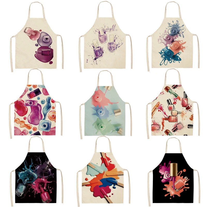 1 Uds cocina delantal Color de esmalte de uñas botella de impreso de algodón sin mangas de algodón de lino delantales Hombres Mujeres Casa Herramientas de limpieza 66x47cm