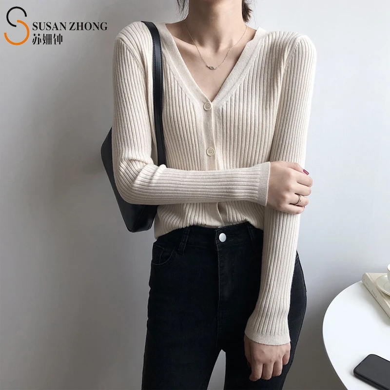

Woman Sweater Female Cardigans Simple Elegant Basic Knit Top Sexy V- Neck With Single-Breasted Short Office Lady Autumn Winter