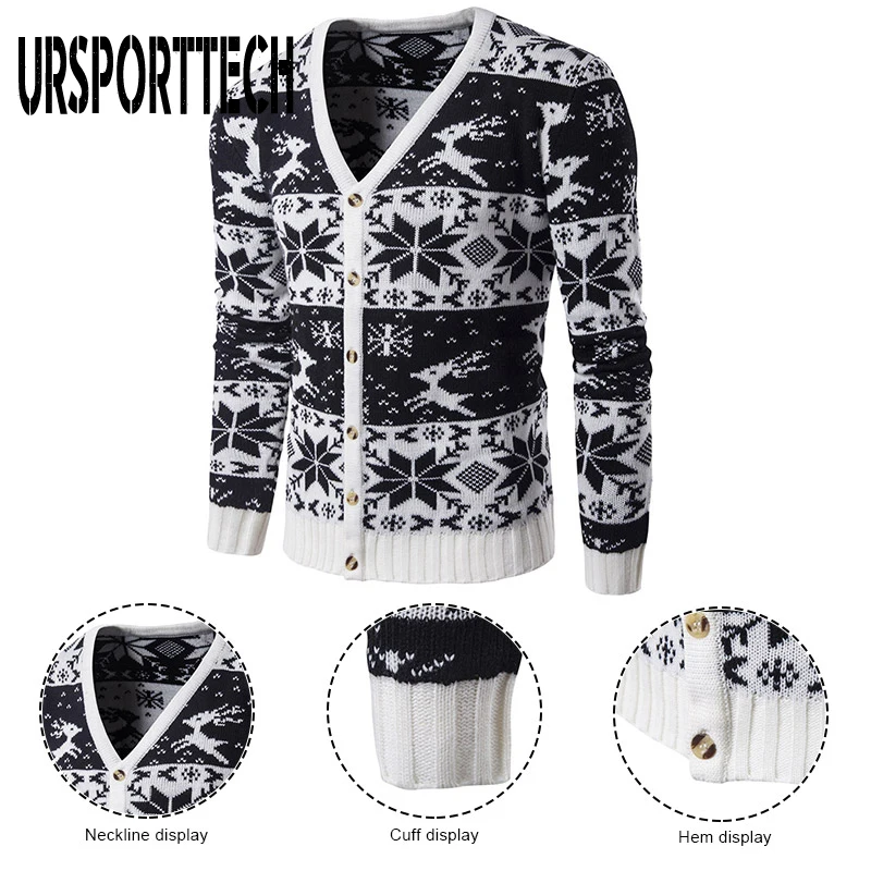 Fashion Christmas Sweater Men Autumn Winter Warm Printed Single-breasted Knit Cardigan Casual Stand Collar Mens Cardigan Sweater