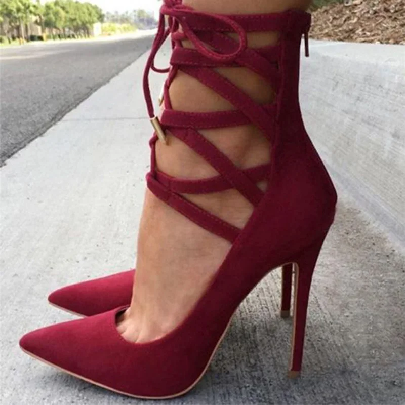 Red Flock Ankle Lace Up Pointed Toe Pumps Woman High Thin Heels Stilettos Zipper Large Size 12 15 Ladies Fashion Shoes Shofoo