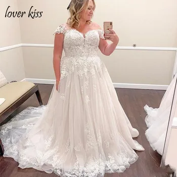 

Lover Kiss Vestido De Noiva Plus Size Lace Wedding Dresses 2020 Off the Shoulder Lace Up Bridal Gowns Bride Dress Robe De Mariee