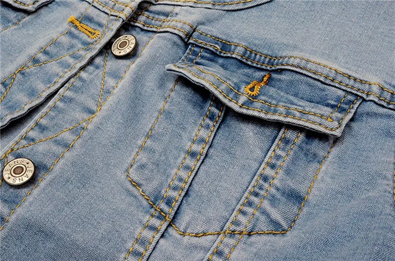 Promo  Denim Jackets Trendy XU Washed Three Quarter Sleeve Stretch Collarless Short Jeans Coat