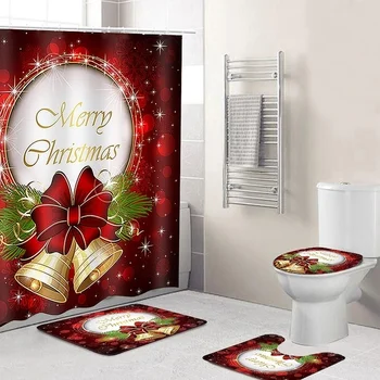 

Bathroom Merry Christmas Bell Decor-Non-Slip Pedestal Rug Lid Toilet Cover Bath Mat Waterproof Polyester Shower curtain