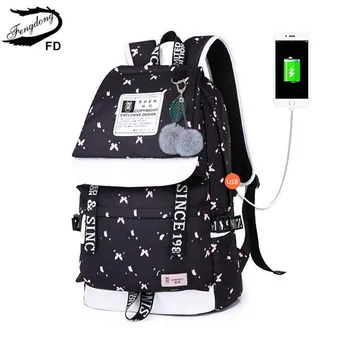 

FengDong school bags for teenage girls cute plush ball kids school backpack usb bag pack women laptop computer bag 14 schoolbag