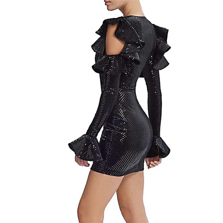 Feditch шикарное Открытое платье с расклешенными рукавами, женское облегающее элегантное мини-платье, сексуальное Клубное вечернее платье с v-образным вырезом, осеннее платье