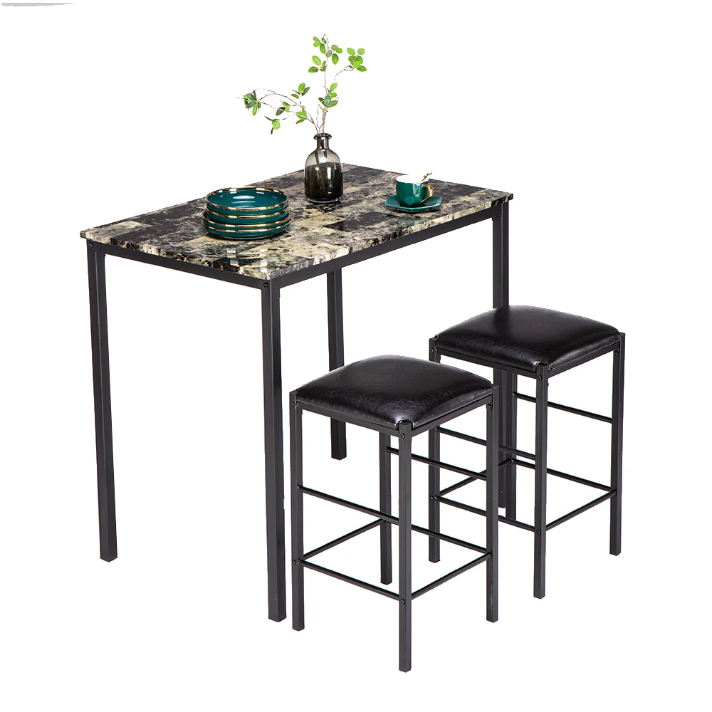 

Dining Table Set[90 x 60 x 82] cm Marble Face High Dining Table and Chair Cushion Black 3 Piece Set 1 Table 2 Chairs