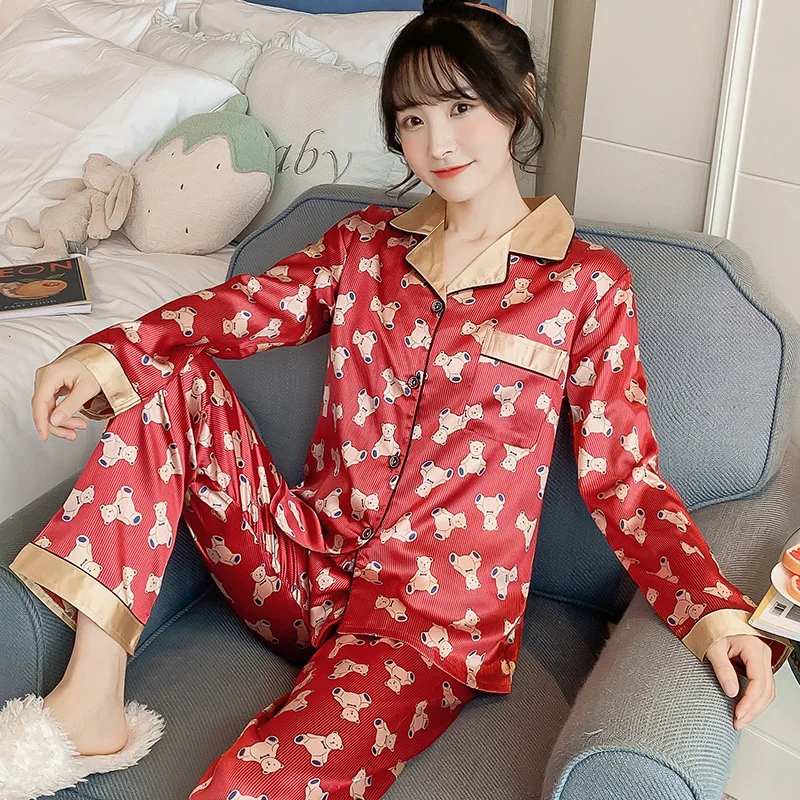 

[Temperature Attitude Warm] Spring Printed Cardigan Model Silk Pajamas Korean-style Long Sleeve Large Size Viscose Set-Outer Wea