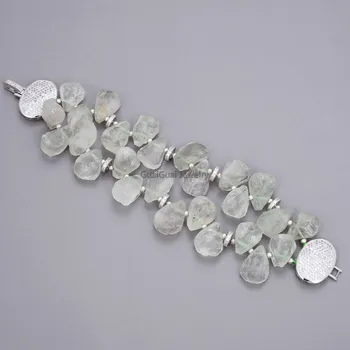 

GuaiGuai Jewelry Natural Stone 2Strands Natural top-drilled Peruvian Green Prehnite Rough Bracelet Lady Jewelry