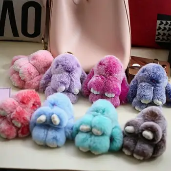 

10CM Colorful Cute Plush Bunny Rabbit Keychain Real Rabbit Fur Ladys Girls Bag Charm Pendant Car Key Phone Keyring Accessories