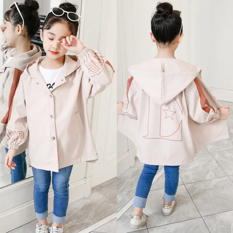 

Spring Autumn Kids Trench Jacket for Girls Letter Print Sleeve Hooded Trench Coat For Child Long Style Hoodies Outerwear 4-13T
