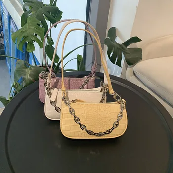 

Vintage PU Leather Ladies Armpit Mini Shoulder Bags Crocodile Pattern Women Chain Baguette Handbags Female Evening Clutch Purse