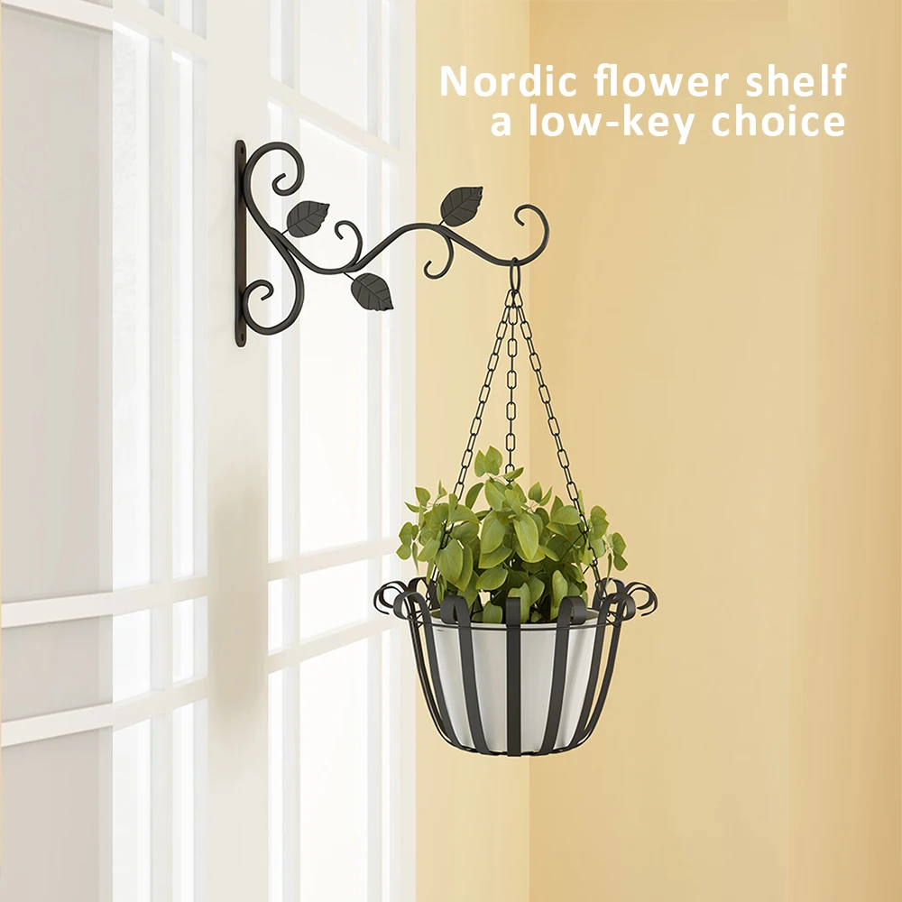 2 Colours WallMounted Wrought Iron Flower Basket Hook Hanging Wall