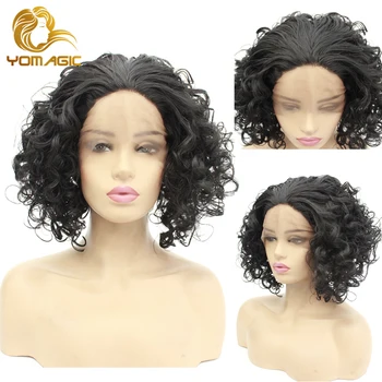 

Yomagic Hair Black Color Short Bob Glueless Lace Wigs Curly Affordable Synthetic Hair Lace Front Wigs for Women