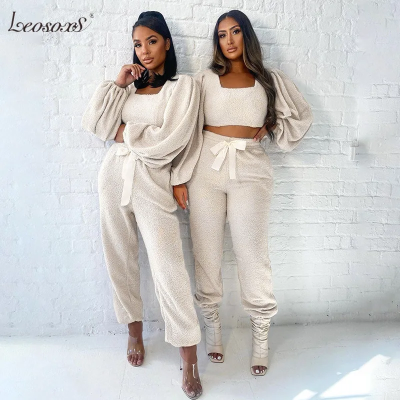 

Women Two Piece Set Trasksuit 2020 New Puff Sleeve Faux Lamb Wool Sweater And Casual Pants Suit 95%Cotton Warm Ladies Homewear