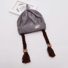 Зимняя хлопковая теплая шапка с ушками для маленьких девочек, детская вязаная шапочка с милым бантом, дизайнерская шапка с имитацией косы, От 1 до 3 лет
