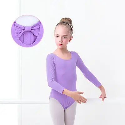 Lavender LongSleeve Лайкра хлопок дети девочка балет танец трико Боди Девушки Одежда с бантом Сзади Розовый Лавандовый Лонгслив под змеиную кожу - Цвет: Lavender LongSleeve
