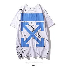 

2019 Summer New Style Europe And America Popular Brand Ow Marble Crack Blue Arrowhead Printed Crew Neck Pullover Short Sleeve T-