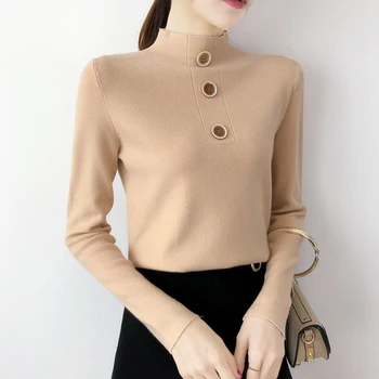 

Winter Button Knitted Women Sweaters And Long Sleeve Solid Casual Pullovers Sueter Mujer Tops Korean Turtleneck Jumper