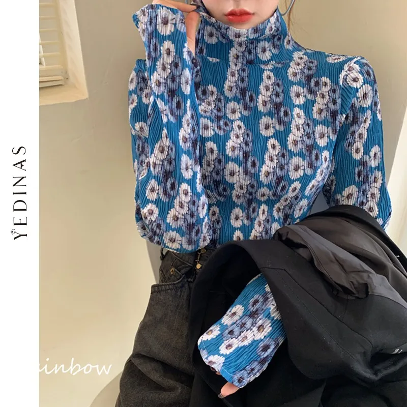 

Yedinas Women Blouses Fashion Daisy Print Turtle Neck Blouse Autumn Long Sleeve Shirts Party Ladies Clothes Korean Style Tops