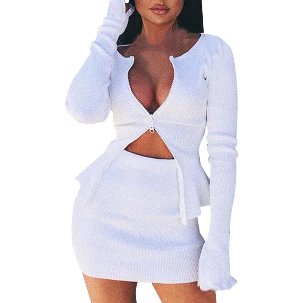 

Women Skirts Casual Double Zipper Skirt Suit Long Sleeve Crop Casual Comfortable Tops + Skirt