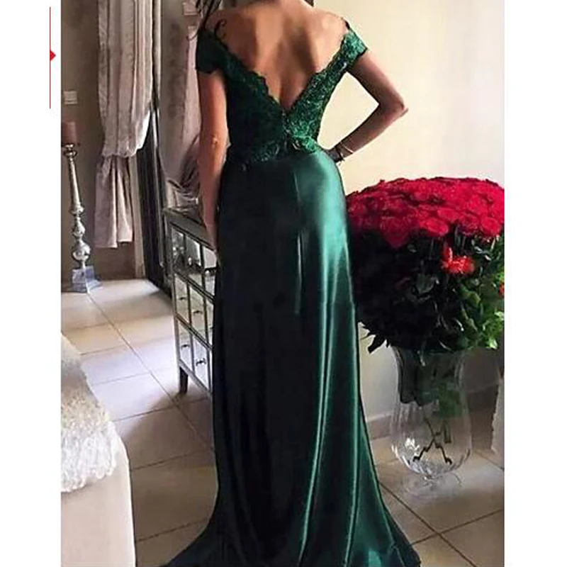 New Arrival Emerland Green Satin Long Prom Dresses 2020 Floor Length Side Slit Dubai Formal Evening Dress Lace Appliqued Party prom & dance dresses