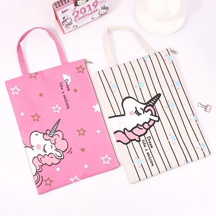 2023 New Kawaii Unicorn Waterproof Canvas A4 File Folder Bag Document Paper Organizer Storage Handbag School Office Stationery