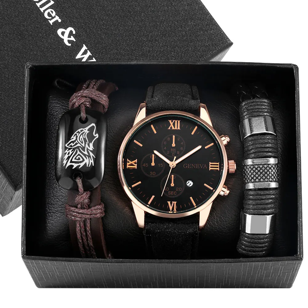 

Geneva Black Face Luxury Men's Watches Bracelet Gift Set Leather Strap Quartz Watch Casual Business WristWatch Reloj Hombre