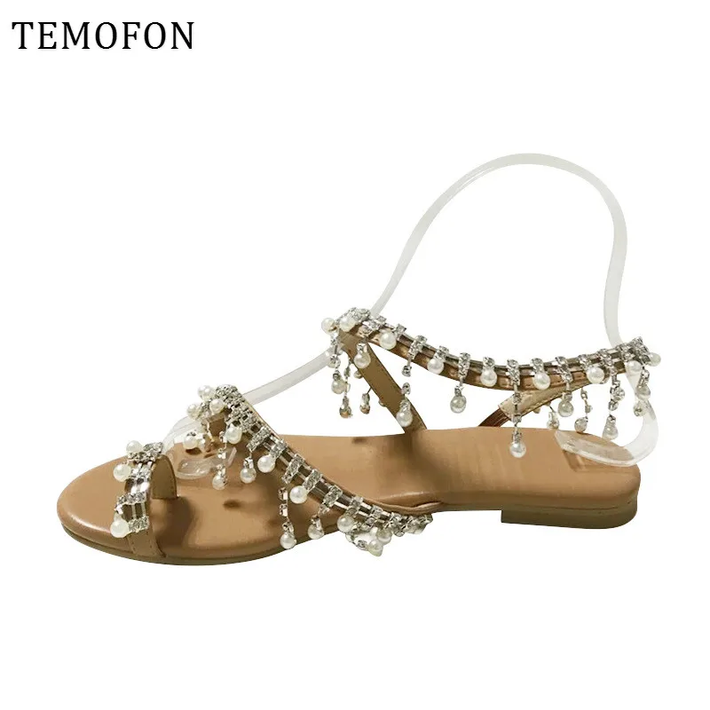 TEMOFON/женские плоские сандалии в богемном стиле с бусинами и жемчужинами Пляжные
