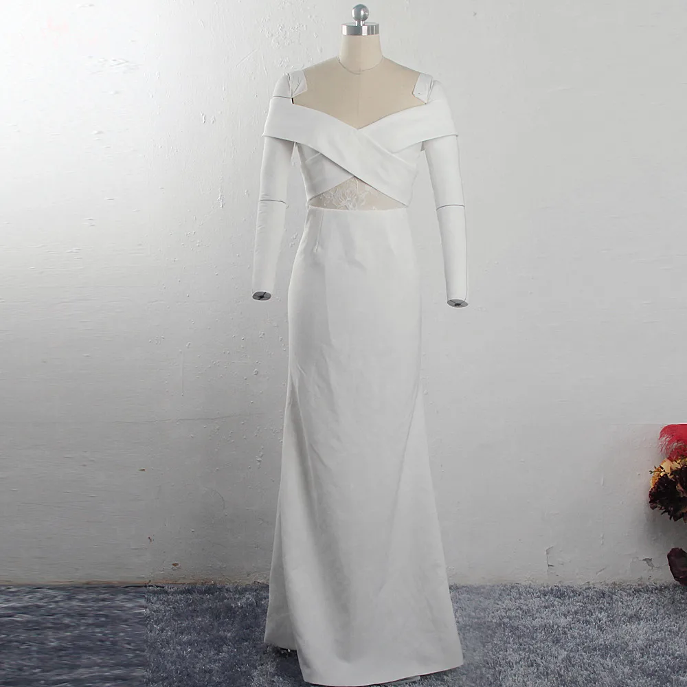 

RSW1574 Off The Shoulder Crepe Dress With Flowery Applied Tulle In The Front And Back Of The Dress