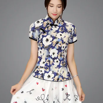 

New Women Cotton Linen Vintage Floral Print Short Sleeve Qipao Shirt Traditional Chinese Tang Top Classic Mandarin Collar Blouse
