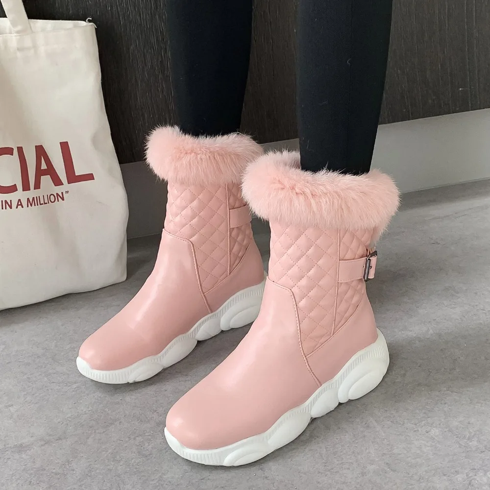 Sweet Ladies Quilted Mid-calf Boots Warm Faux Fur Winter Snow Shoes for Women Female Thermal Sneakers Boots Larger Size 46