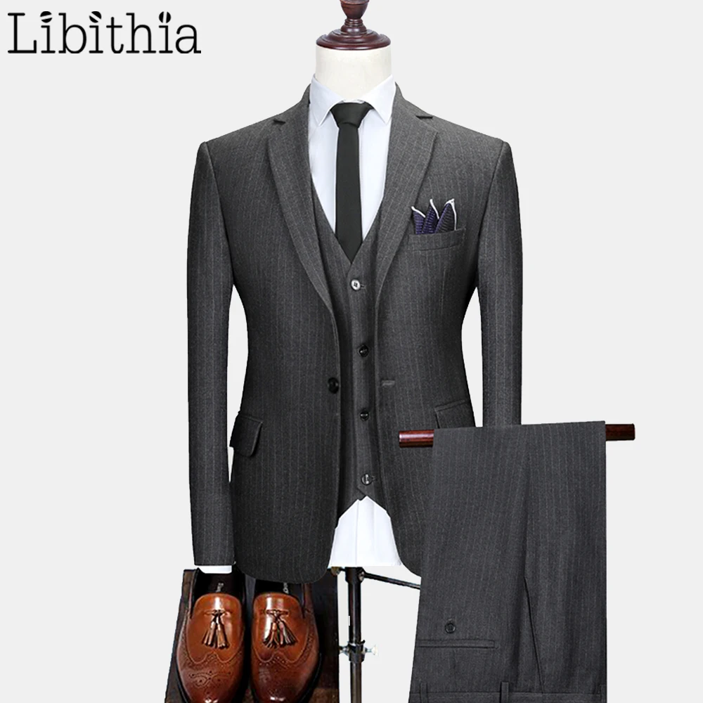 

Luxury Mens Stripe Three Pieces Suits One/Two Buttons Blazers Jobs Wedding M-4XL Slim Fit Clothes Male Black Grey Navy Blue A125