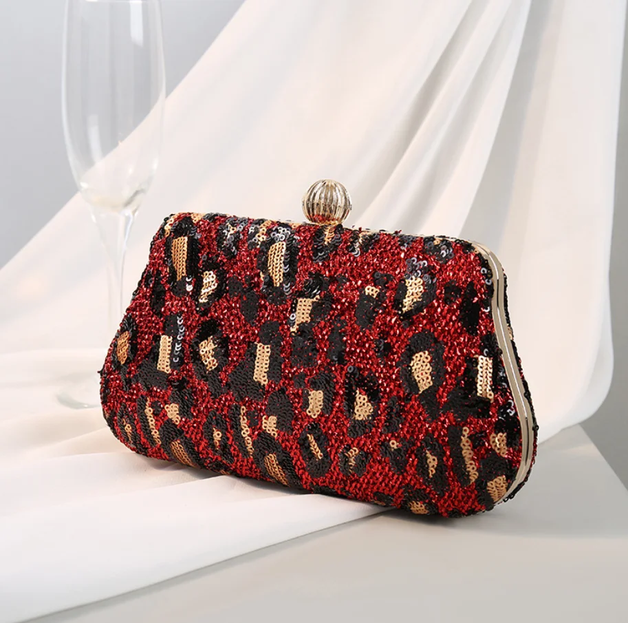 Luxy Moon Red Leopard Print Clutch Bag With Chain Front View
