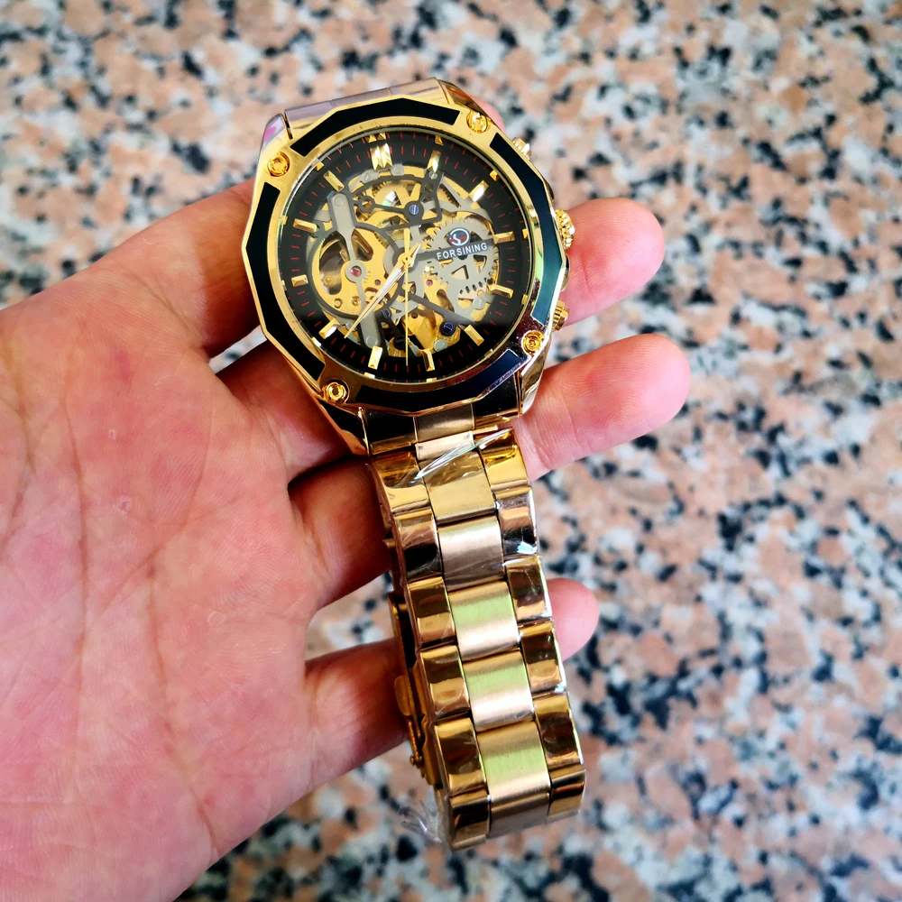 Золотые Роскошные брендовые механические часы, мужские автоматические заводные наручные часы из нержавеющей стали со скелетом, модные мужские часы в стиле стимпанк