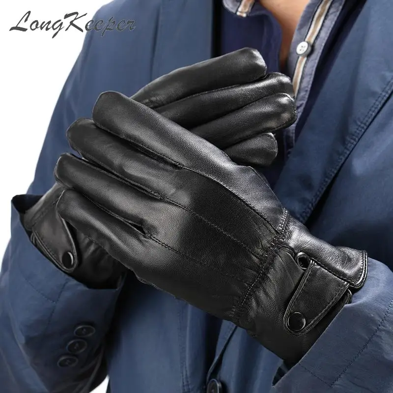 

LongKeeper Gloves Men Winter PU Leather Black Gloves Button Warm Mittens Luxurious Driving Men's guantes handschoenen luvas
