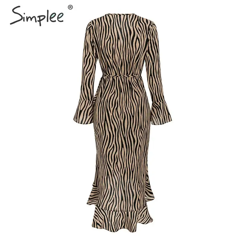 Simplee женское платье Vintage зебра в полоску с длинным рукавом с рюшами Осень зима женская вечеринка платье миди