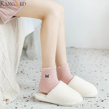

KANCOOLD Embroidered Puppy Coral Velvet Sleeping Socks Autumn Winter New Warm Plus Velvet Thickened Home Floor Terry Socks