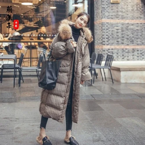 coffee plaid YASUGUOJI, зимняя куртка, женские парки, пальто, модное, женское, с мехом, с капюшоном, хлопок, в клетку, парка, толстая, теплая, для девушек, с подкладкой, длинное пальто - Цвет: coffee plaid