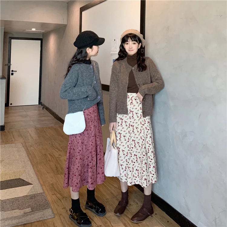Harajuku Floral Print Woman Skirt Korea High Waist Loose A-Line Skirt Ladies The New Simple Slim Fit Autumn Skirt Women