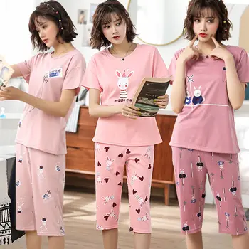 

Sweet Lovely Pink Pajamas Two-piece Suit Cute Cartoon Printing Short-sleeved Top And Shorts Sets Ladies Home Wear Set wholesale