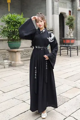 Damen Hanfu-Kleid – Traditionelles Chinesisches Kostüm Der Han-Dynastie, Weite Ärmel, Kreuzkragen, In Schwarz, One Size
