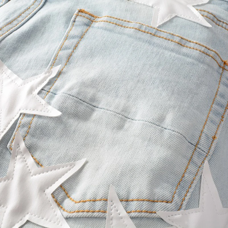 남성용 가죽 별 패치 디자인 청바지 streetwear 패치 워크 찢어진 스트레치 데님 바지 슬림 스키니 펜슬 바지