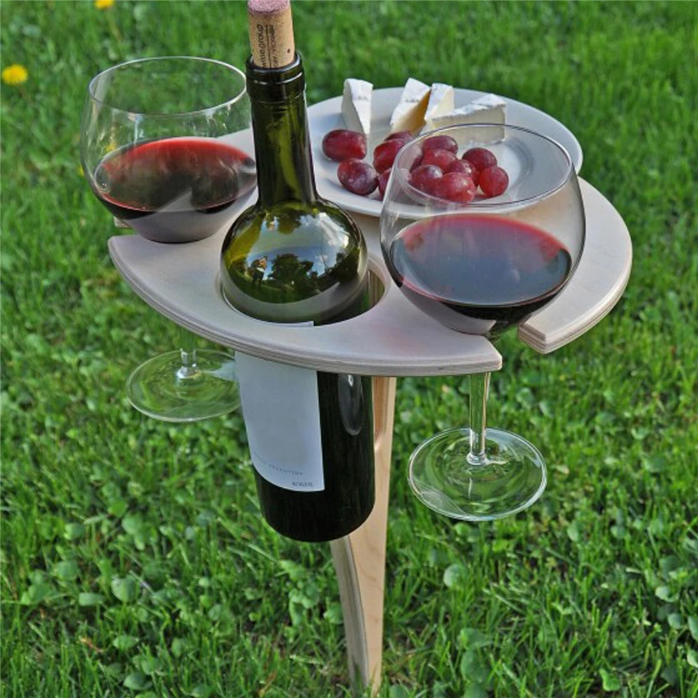 Outdoor Wine Table with Foldable Round Desktop Mini Wood Picnic Easy to Carry 