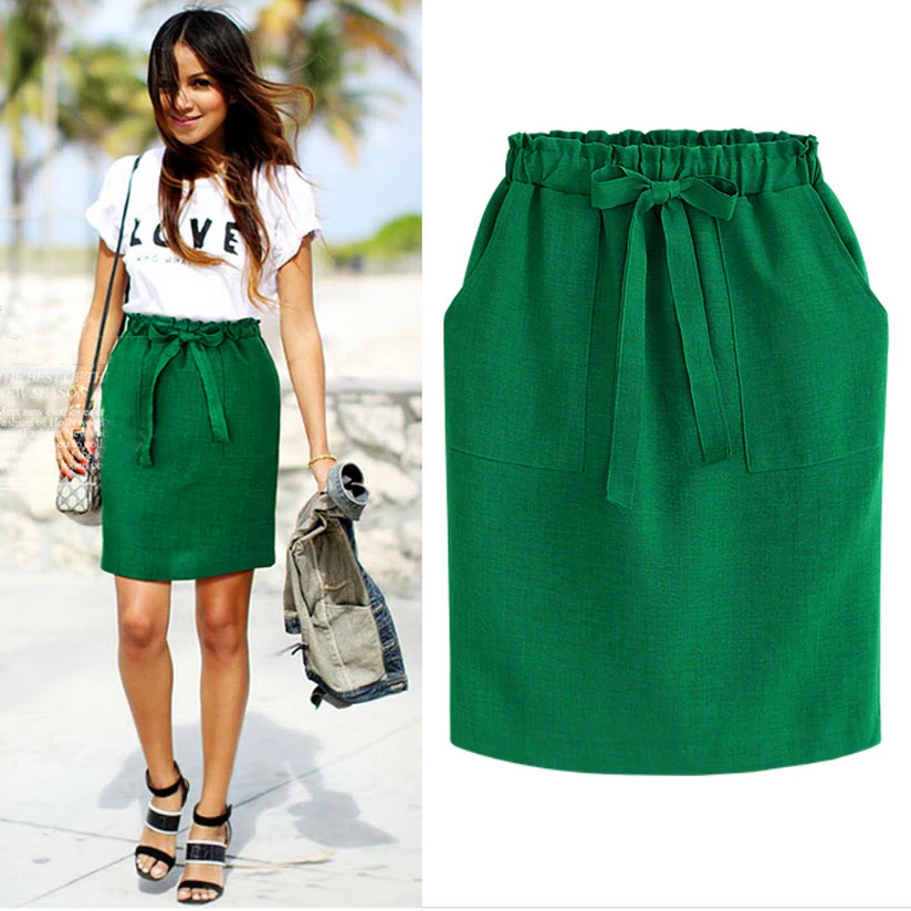 

2020 New Spring Summer Elegant Midi Skirts Womens Office Pencil Skirt Cotton Elastic Waist Package Hip Skirt Bow Skirt Green