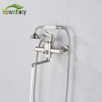 

Brushed Nickel Bathtub faucet Hot cold mixer tap long spout Style with telephone style hand