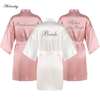

dusty pink robes women silver writing party bride dressing gown satin silk short wedding gift bridesmaid team bride bathrobe