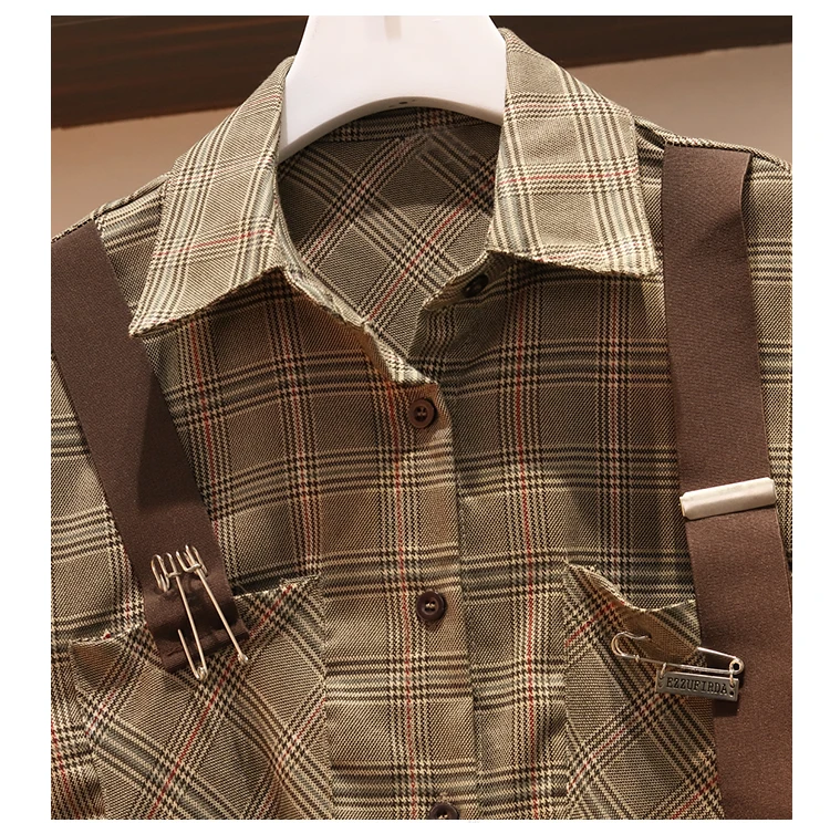 Корейский осенний комплект из двух предметов Женская свободная клетчатая блузка+ Асимметричная плиссированная юбка Уличная одежда размера плюс женский комплект 2 шт
