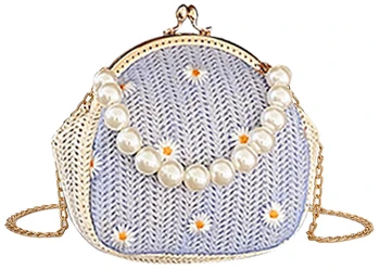 

QZUnique Women Straw Plaited Daisy Single Shoulder Messenger Bag Handmade Rattan Clip Purse With Pearl Handle
