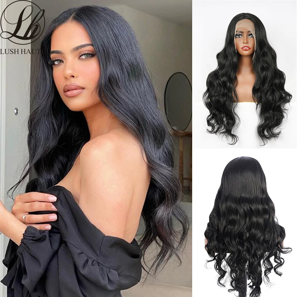 Long Body Wave Lace Front Wigs For Black Women 26 Inches  Synthetic Natural Color Middle Part Lace Hair Wigs Heat Resistant